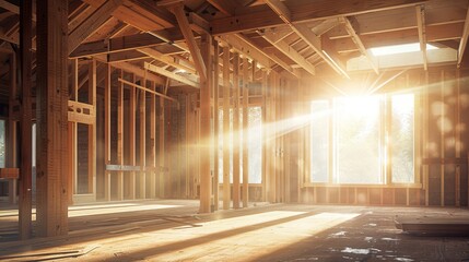 Interior view of a sunlit house under construction, open roof beams, wooden structure, highly detailed photo realistic image