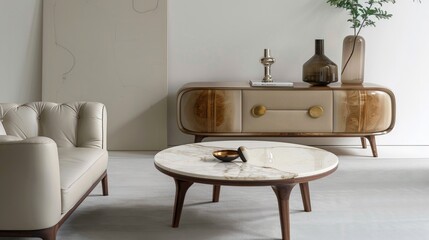 Elegant Modern Living Room with Retro Wooden Furniture and Marble Table