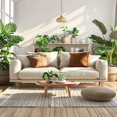 The image showcases a pristine white sofa, exuding elegance and simplicity, set against a backdrop of lush green plants. 