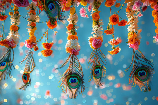 Krishna Janmashtami (Hindu festival). A low-angle shot capturing the vibrant colors and intricate designs of a handcrafted jhula (swing) adorned with flowers and peacock feathers.