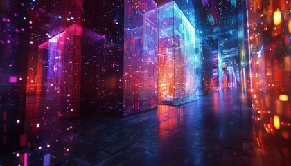 A Futuristic Cityscape With Brightly Lit Glass Structures