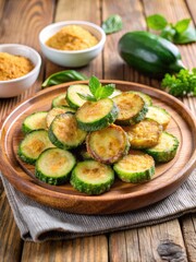 Plate of fried zucchini slices with dipping sauce.