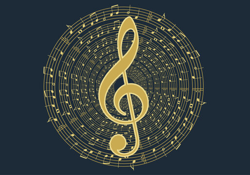 Fondo musical con pentagrama en círculo y nota musical dorada en el centro.