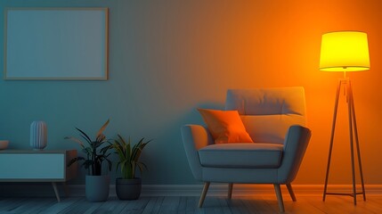 Featuring a contemporary bed, colorful sofa-type chair, and bright ceiling, the room is illuminated by white tiles. The addition of soft cushions and a potted plant with greenery creates a lively, inv