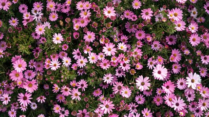 Aerial Flowers. Topview of Pink Chamomile Field in Full Bloom