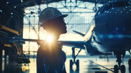 Silhouette of an engineer in a safety helmet inspecting an aircraft in a hangar, with sunlight streaming through the windows.