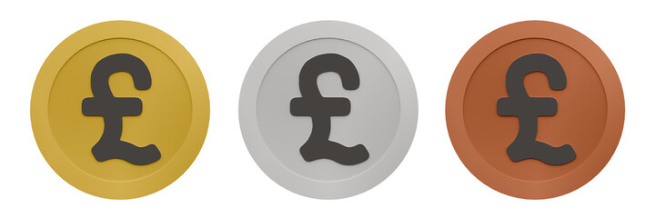 Icons of British Pound Currency | Gold Silver Bronze Coins with Transparent Background