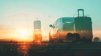 Travel concept with a car and luggage at sunrise, symbolizing a journey, adventure, and exploration. Perfect for travel-themed stock photos.