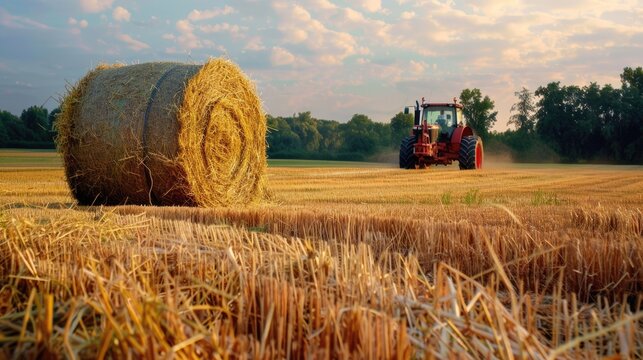 Baling Hay. Case IH 7130 Tractor and New Holland BB9060 Baler Working in Alfalfa Field on Summer Evening