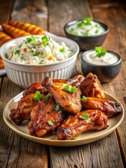 Fototapeta premium Plate of spicy chicken wings with dipping sauces.