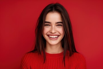 Holiday Teeth. Celebrate Good Mood with Beautiful Girl in Red Sweater Smiling on Red Background