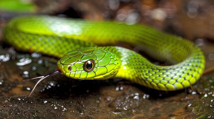 Fototapeta premium Some snakes are named green snakes because of their color. The North American green snakes belong to the genus Opheodrys.