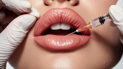 Close-up of a beauty treatment with a syringe near lips. The style is modern and professional, focusing on cosmetic enhancement. 