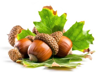 Acorn Leaf. Closeup of Dried Acorns with Oak Leaf on Isolated Background