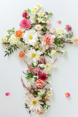 Obraz premium Flower Cross. Christian Symbol of Love for Easter with Floral and Jesus Christ Background