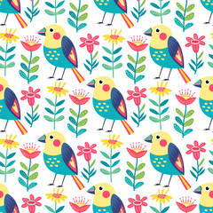 Seamless pattern with funny bright exotic tropical fantasy birds and flowers on white. Great for fabrics, especially for linens, wrapping papers, wallpapers, covers. Vector illustration in flat style