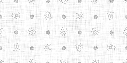 White neutral minimal house motif with Linen effect texture for baby nursery seamless background. Modern muted simple soft motif pattern for wallpaper , home decor white gray design. 