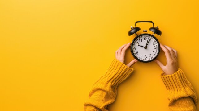 Time Back. Daylight Saving Time End with Black Alarm Clock and Female Hands on Yellow Background
