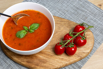 Cold gazpacho soup with ripe tomatoes