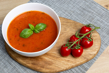 Cold gazpacho soup with ripe tomatoes