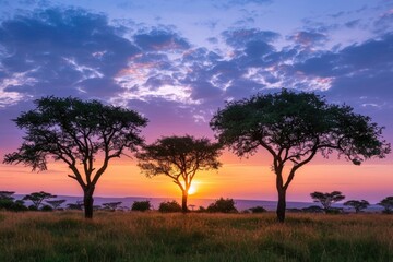 Obraz premium African Bush. Sunset in Serengeti Savannah Landscape with Acacia Trees