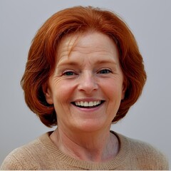 Old woman with red hair and blue eyes, smiling warmly at the camera. She has a natural look with visible wrinkles, wearing a beige sweater against a simple background. The overall mood is cheerful and
