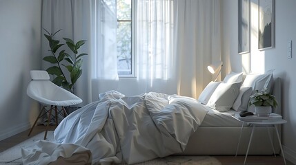 Obraz premium Bedroom features a cozy unmade bed with natural morning light streaming through sheer curtains for.