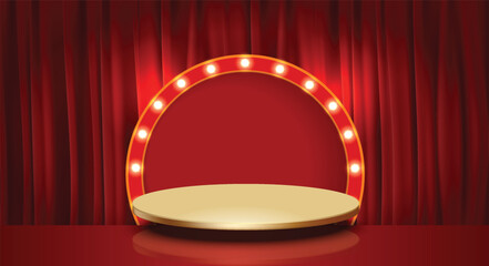 vector abstract 3d shape rendering for product placement with modern gold round base copy space with  with lights around the frame and a red curtain background