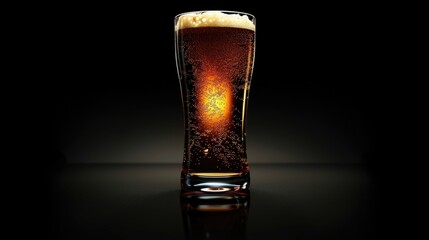 Beer Black Background. Close-up of Cold Pint Glass of Beer with Foam in Dark Atmosphere