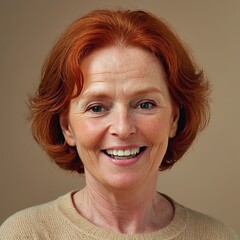 Old woman with red hair and blue eyes, smiling warmly at the camera. She has a natural look with visible wrinkles, wearing a beige sweater against a simple background. The overall mood is cheerful and