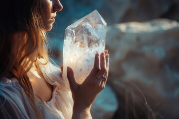 Crystal Woman. Powerful Young Woman Holding Luminous Quartz Crystal in Dramatic Lighting