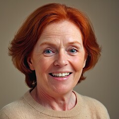 Old woman with red hair and blue eyes, smiling warmly at the camera. She has a natural look with visible wrinkles, wearing a beige sweater against a simple background. The overall mood is cheerful and