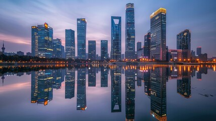 Fototapeta premium Modern cityscape with illuminated skyscrapers at dusk reflecting in calm water. Urban skyline at twilight. Ideal for backgrounds or city-themed ideas. AI