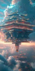 Fototapeta premium A floating Chinese-style building above a city