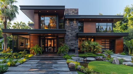 Fototapeta premium Exterior of a contemporary luxury home with landscape design