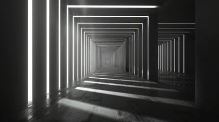 Fototapeta premium abstract black and white background with long corridor in the center, minimalistic geometric lines on clean wall, light reflection from the floor