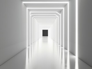 abstract black and white background with long corridor in the center, minimalistic geometric lines on clean wall, light reflection from the floor