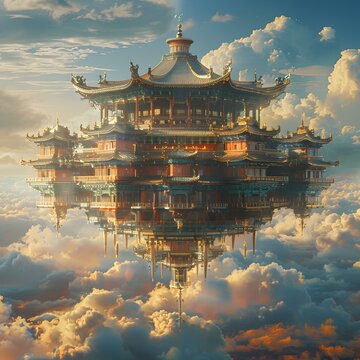 An illustration of a Chinese palace floating in the sky