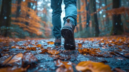 Ground level view of a hiker's feet stepping forward on a rainy, leaf-littered trail in the woods