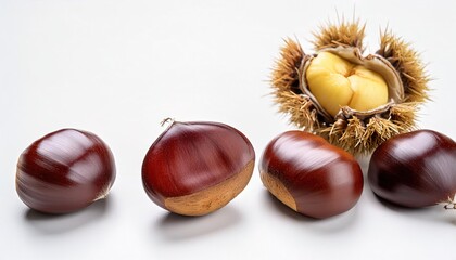 Obraz premium Sweet chestnut - Castanea sativa - isolated on white background with copy space. Eaten as a stuffing or cooked with pheasant, duck, goose, and chicken, pork and beef are considered a delicacy by many
