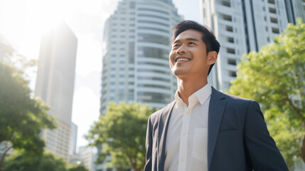 Fototapeta premium Confident happy smiling Asian businessman standing in the city, man entrepreneur in business suit