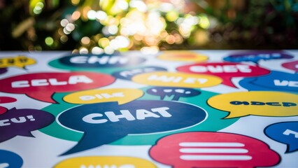 A colorful speech bubbles are displayed on a table, AI