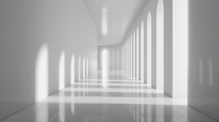 abstract black and white background with long corridor in the center, minimalistic geometric lines on clean wall, light reflection from the floor