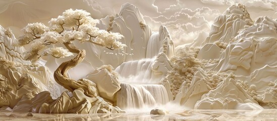 Beautiful landscapes 3d relief wallpaper. Mural wallpaper. Wall art. AI generated illustration