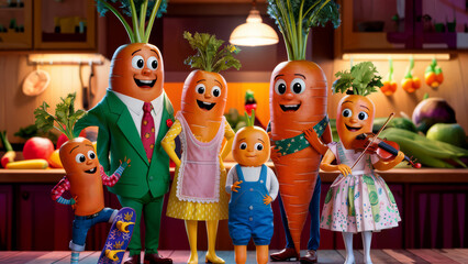 A group of carrots are standing next to each other in a kitchen, AI