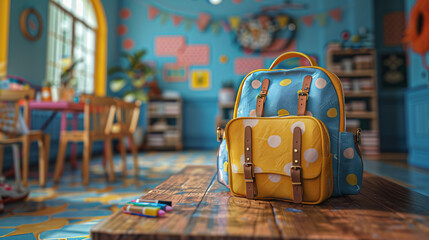 Polka dot backpack on desk in colorful classroom ready for new school year