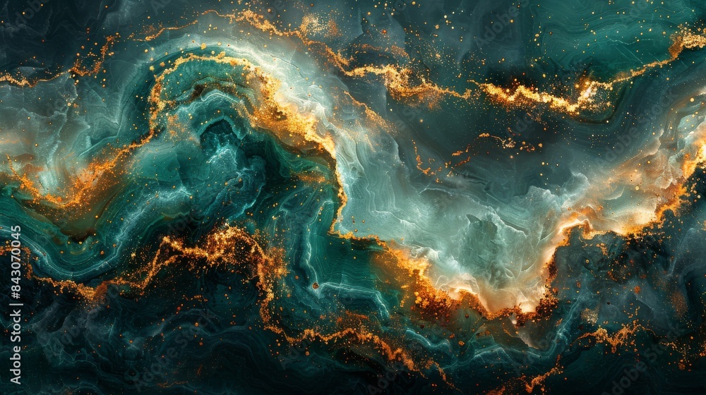 Poster an abstract image exhibiting a luxurious blend of gold and teal in a marble-like pattern with dynami