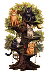 vintage style illustrated cat tree, cat tree illustration, cat shelter, cat tree vintage illustration
