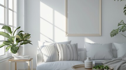 render of one vertical blank frames in a mockup cozy living room, a white sofa with striped pillows and a wooden white table near a window with natural light, white walls