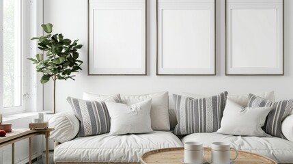Fototapeta premium render of one vertical blank frames in a mockup cozy living room, a white sofa with striped pillows and a wooden white table near a window with natural light, white walls